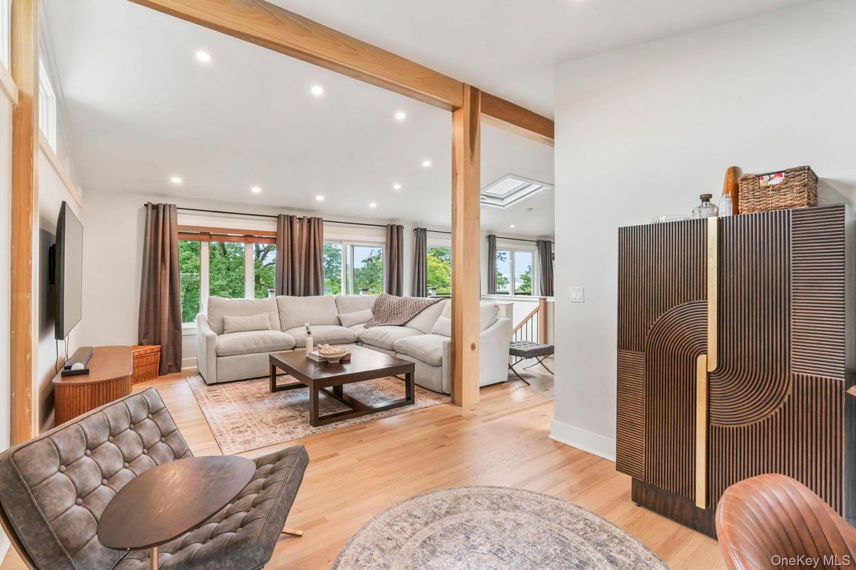 Interior, Living room, Recessed Lighting, Wooden Beams, Wood Texture Flooring