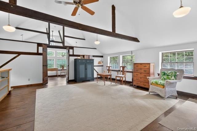 Dining room, Fireplace, Interior, Pendant Lights, Wooden Beams, Wood Texture Flooring