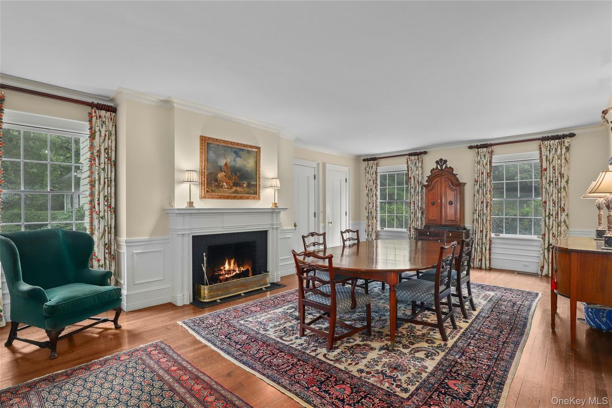 Dining room, Fireplace, Interior, Wood Texture Flooring
