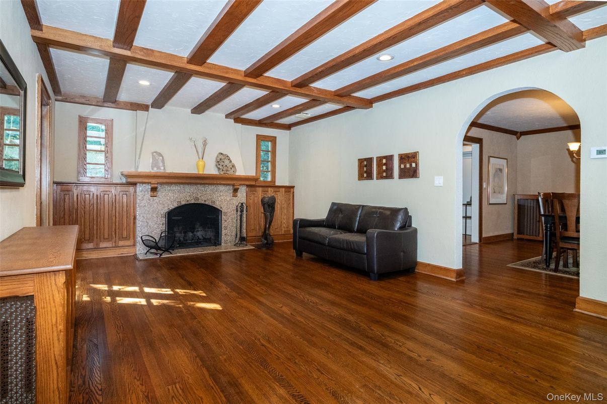 Fireplace, Interior, Recessed Lighting, Wooden Beams, Wood Texture Flooring