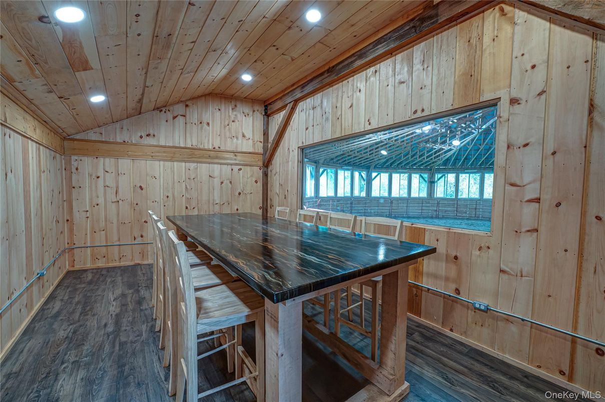 Dining room, Interior, Recessed Lighting, Wooden Beams, Wooden Ceilings, Wood Texture Flooring, Wooden Walls