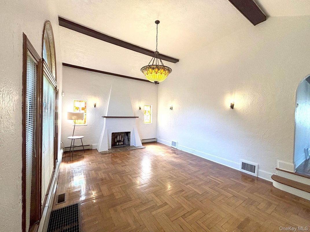 Empty room, Fireplace, Interior, Pendant Lights, Wood Texture Flooring