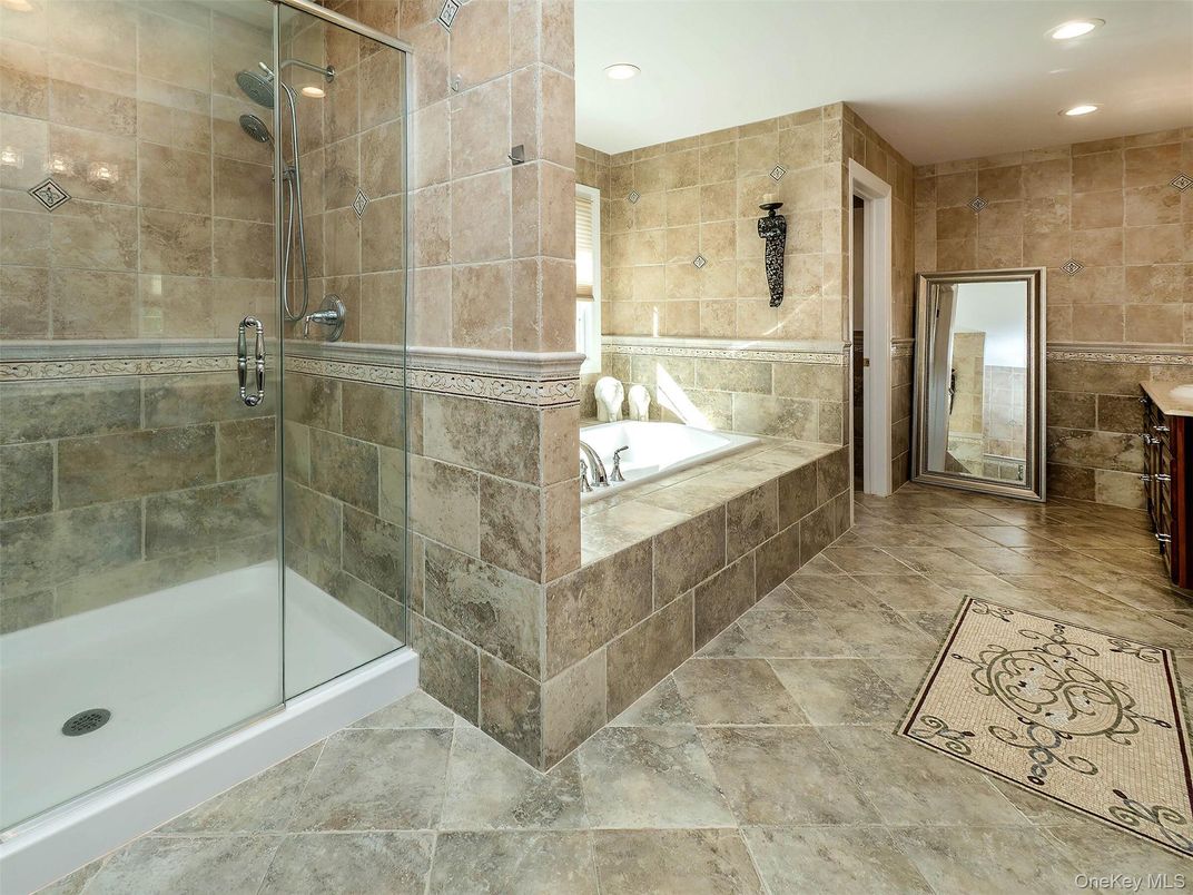Bathroom, Glass Shower, Interior, Recessed Lighting, Stone Walls