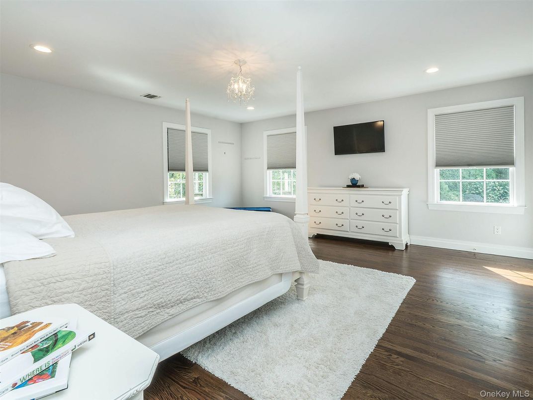 Bedroom, Chandelier, Interior, Recessed Lighting, Wood Texture Flooring