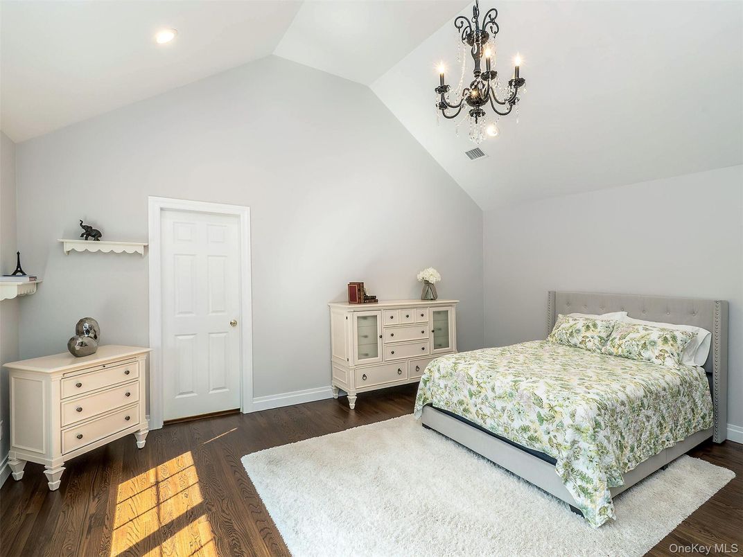 Bedroom, Chandelier, Interior, Recessed Lighting, Wood Texture Flooring
