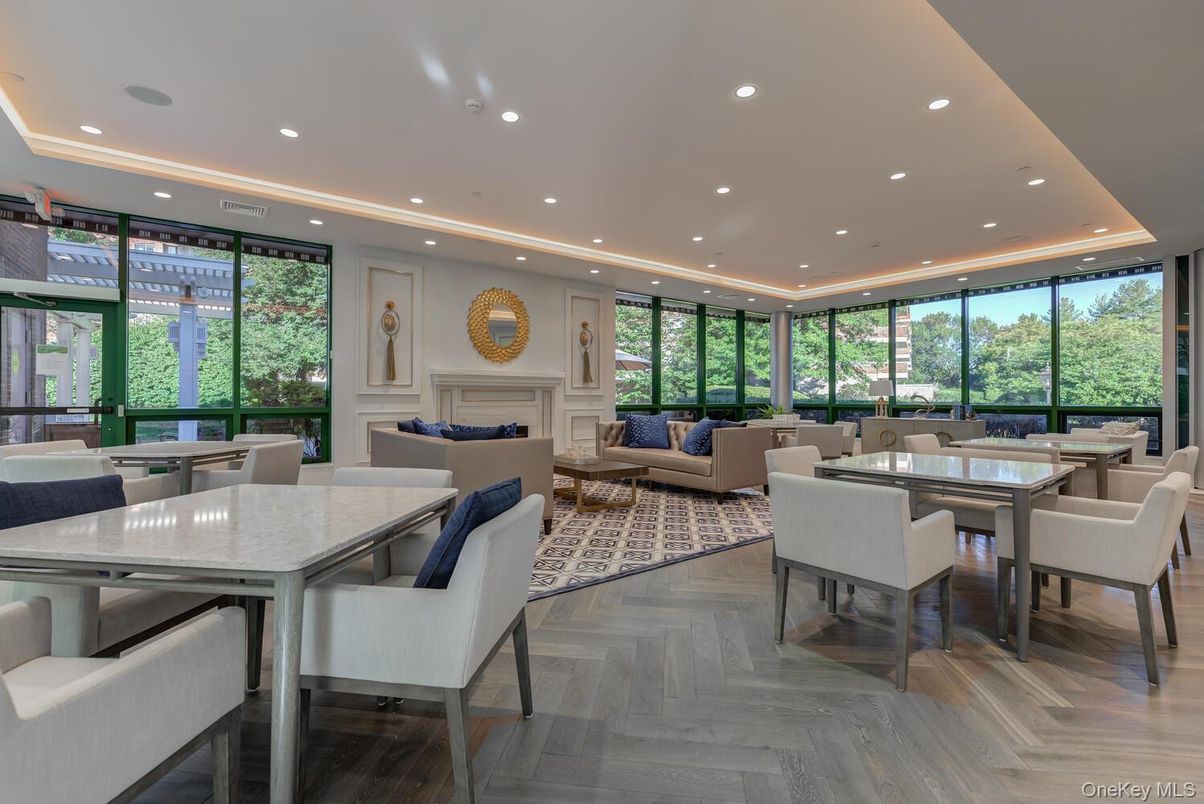 Dining room, Fireplace, Interior, Living room, Recessed Lighting, Wood Texture Flooring