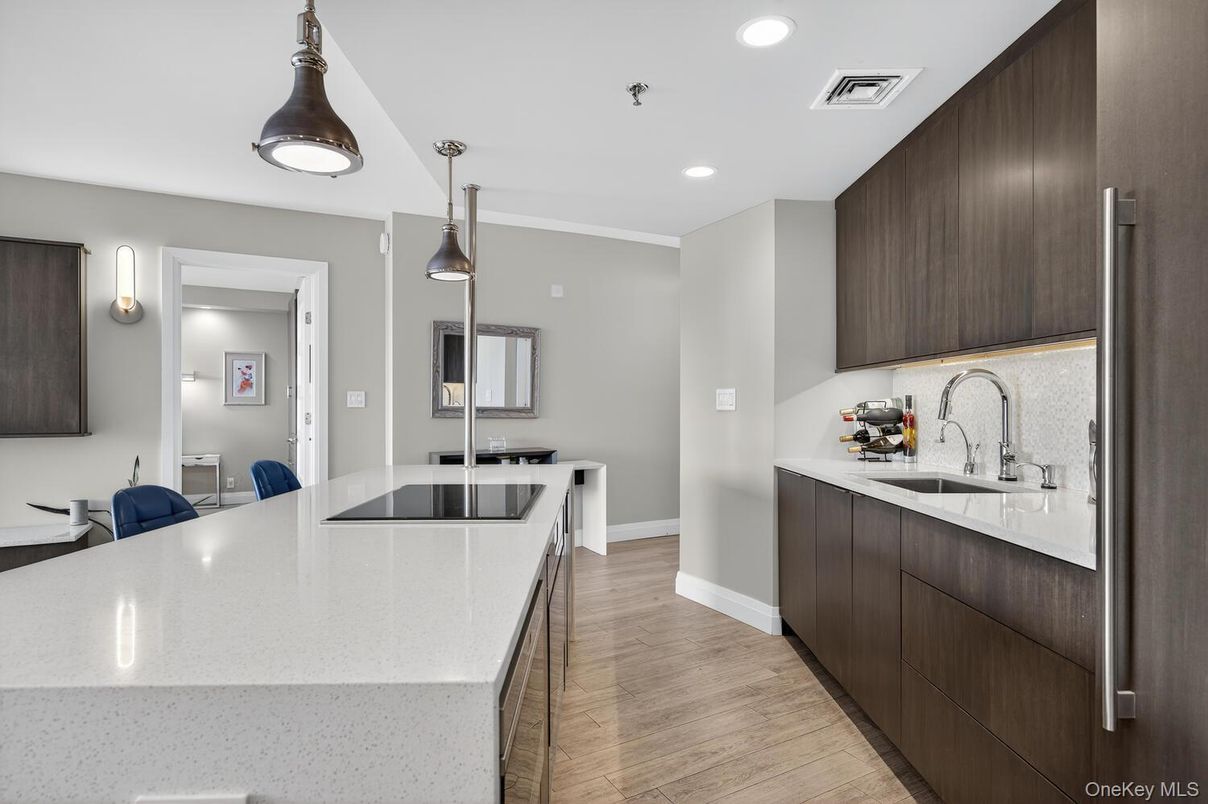 Interior, Kitchen, Pendant Lights, Recessed Lighting, Wood Texture Flooring