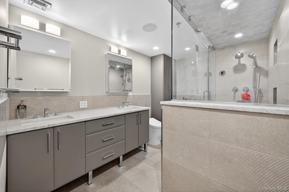 Bathroom, Dual Sink Vanities, Glass Shower, Interior, Recessed Lighting