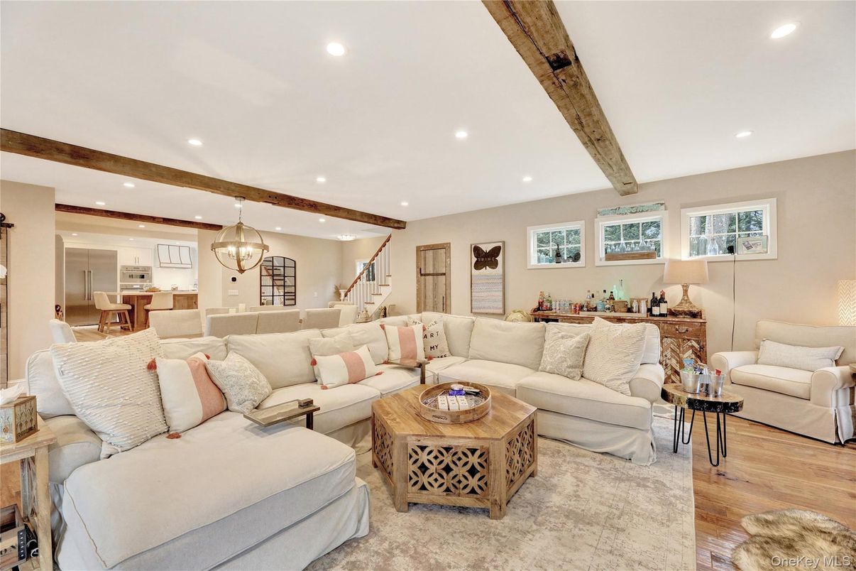 Chandelier, Dining room, Interior, Kitchen, Living room, Recessed Lighting, Wooden Beams, Wood Texture Flooring
