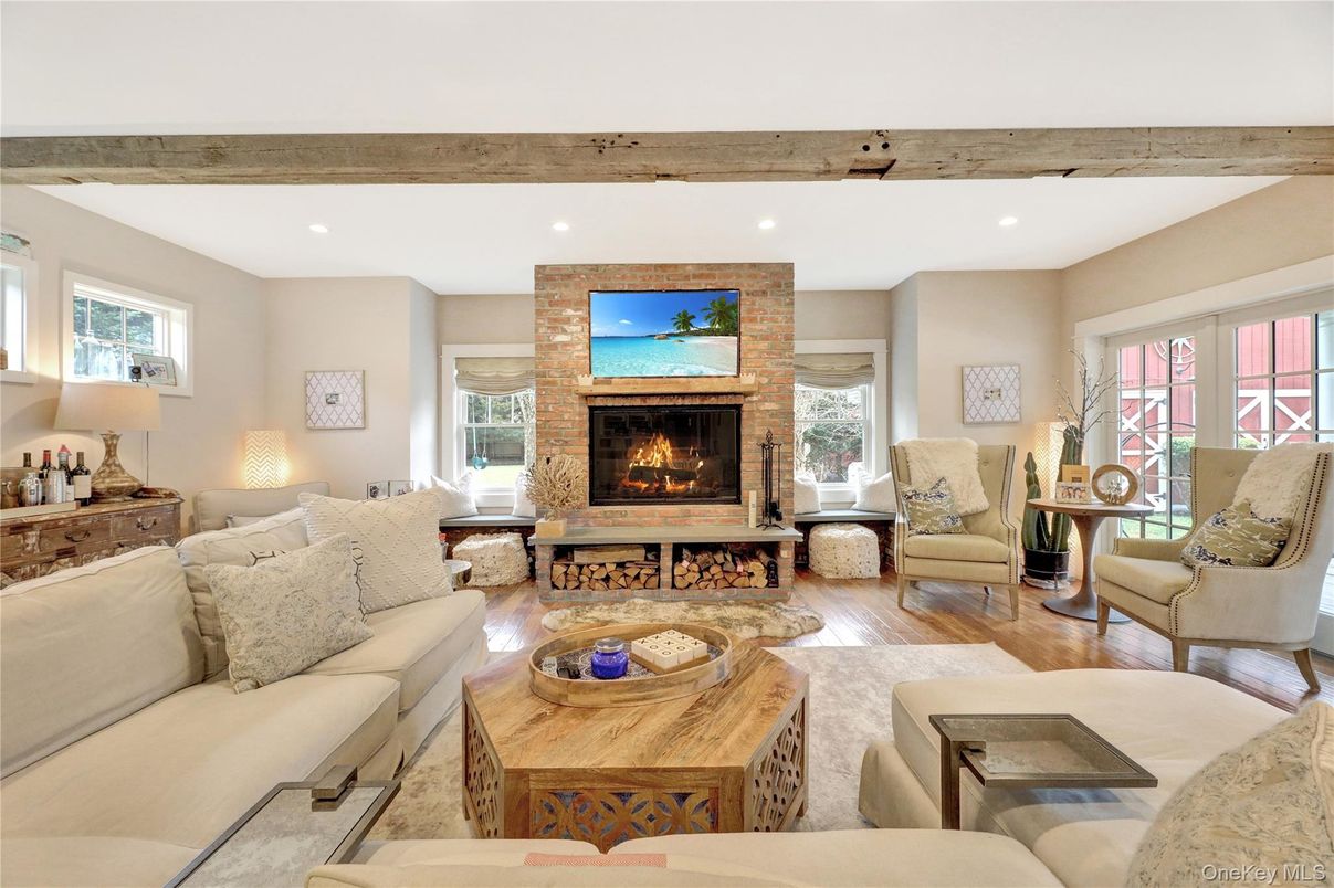 Fireplace, Interior, Living room, Recessed Lighting, Stone Walls, Wooden Beams, Wood Texture Flooring