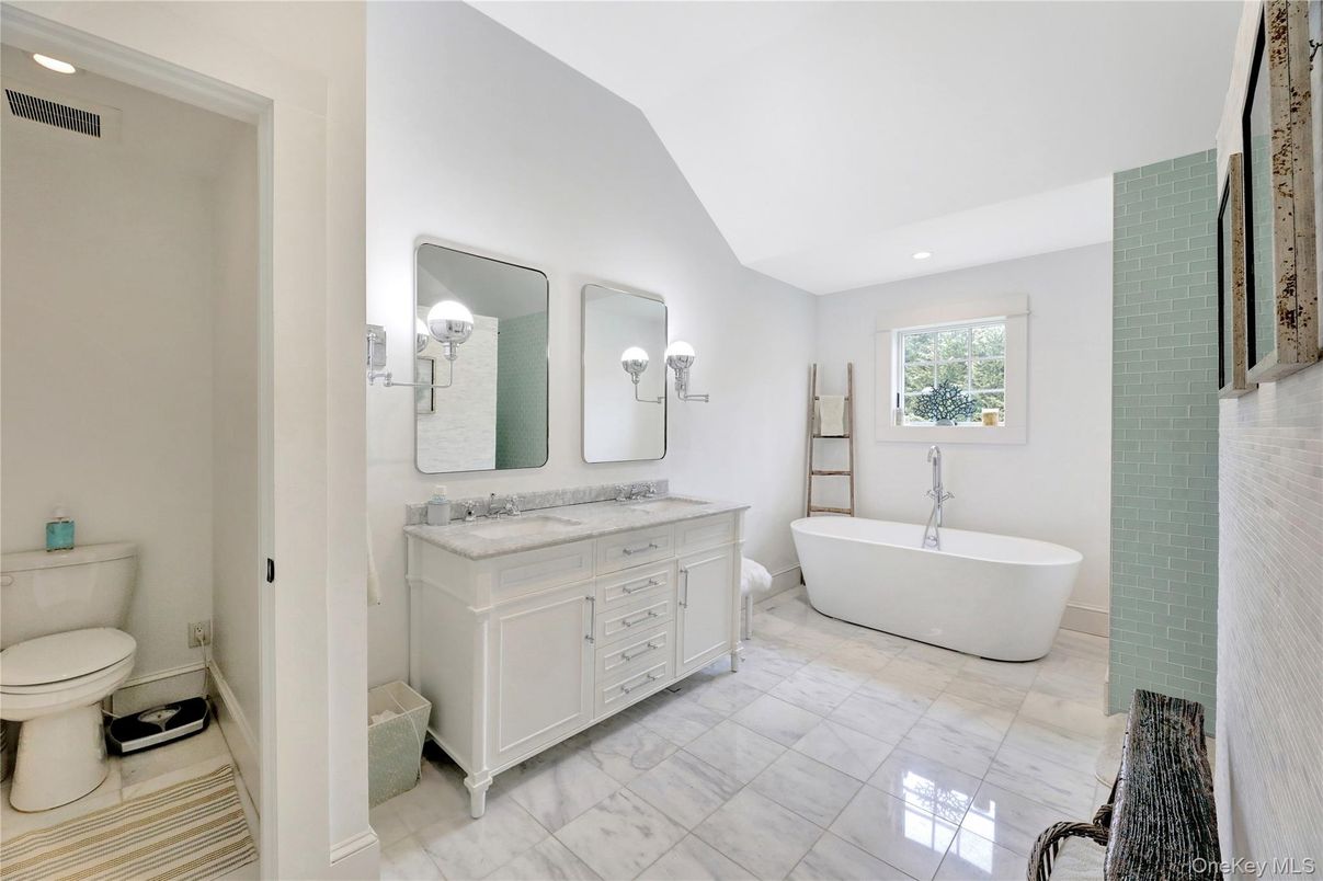 Bathroom, Dual Sink Vanities, Free Standing Baths, Interior, Marble, Recessed Lighting