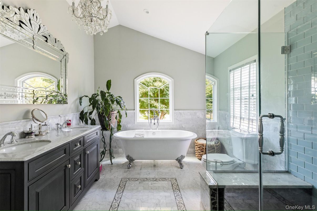 Bathroom, Chandelier, Dual Sink Vanities, Free Standing Baths, Glass Shower, Interior, Marble, Recessed Lighting
