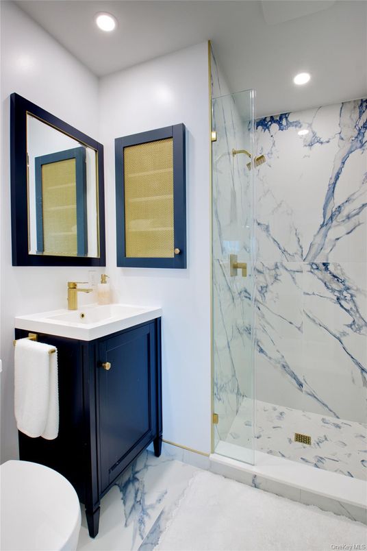 Bathroom, Glass Shower, Interior, Marble, Marble Walls, Recessed Lighting