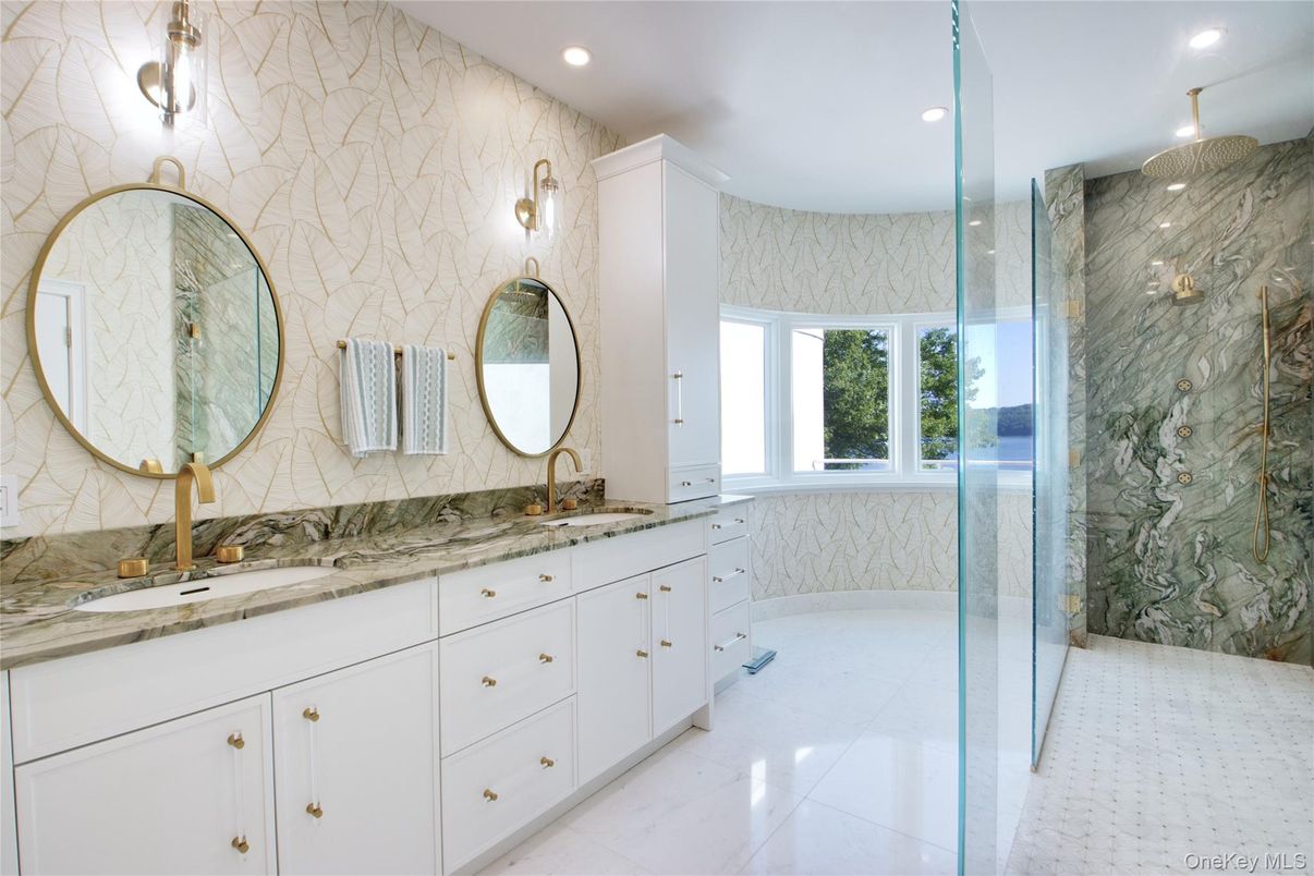 Bathroom, Dual Sink Vanities, Glass Shower, Interior, Marble Walls, Recessed Lighting
