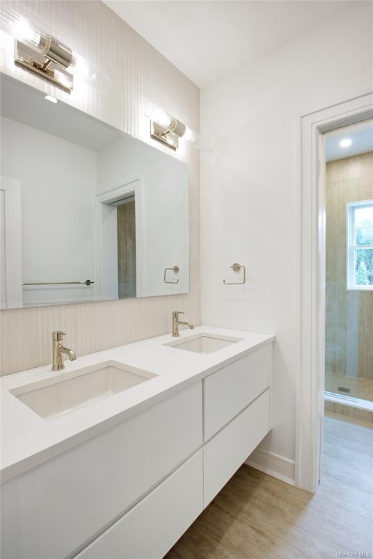 Bathroom, Dual Sink Vanities, Glass Shower, Interior, Wood Texture Flooring