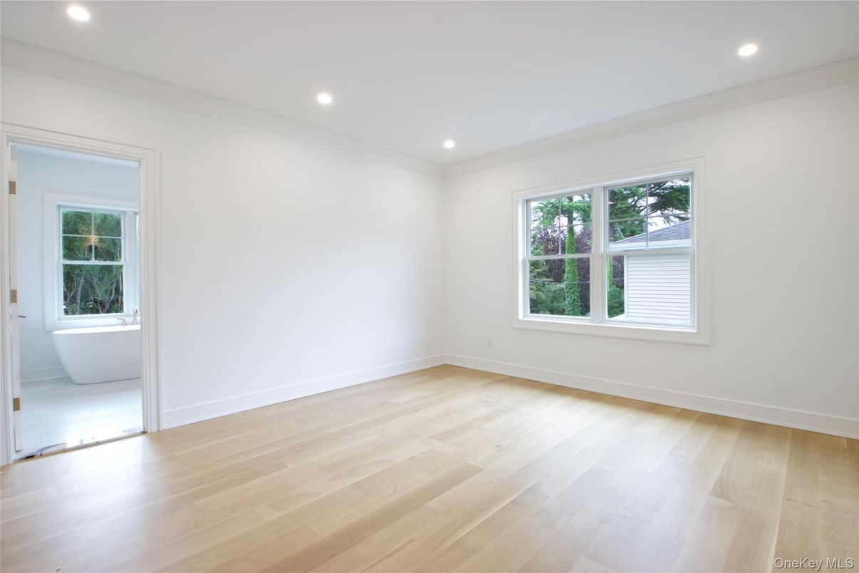 Bathroom, Empty room, Free Standing Baths, Interior, Recessed Lighting, Wood Texture Flooring