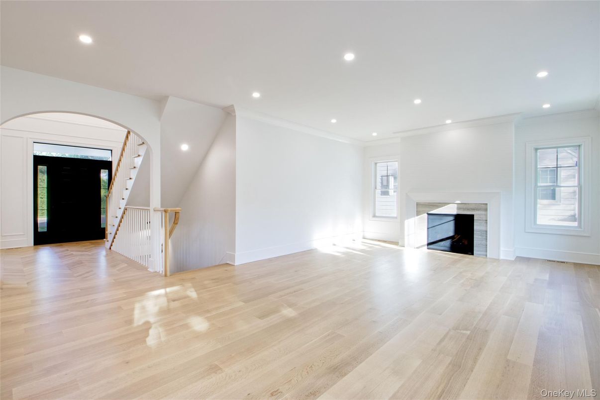 Empty room, Fireplace, Interior, Recessed Lighting, Wood Texture Flooring