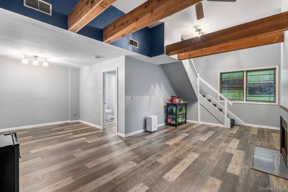 Empty room, Fireplace, Interior, Wooden Beams, Wood Texture Flooring