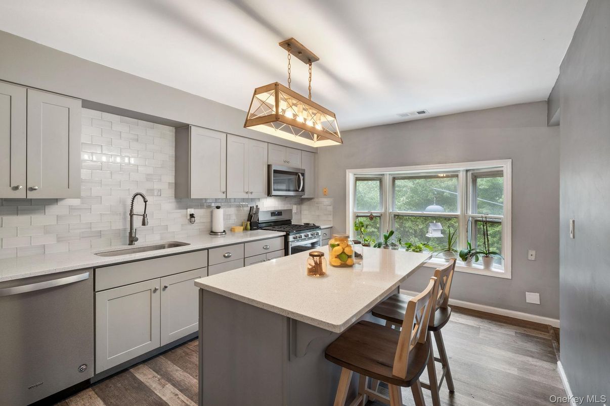 Interior, Kitchen, Pendant Lights, Stainless Steel Appliances, Wood Texture Flooring
