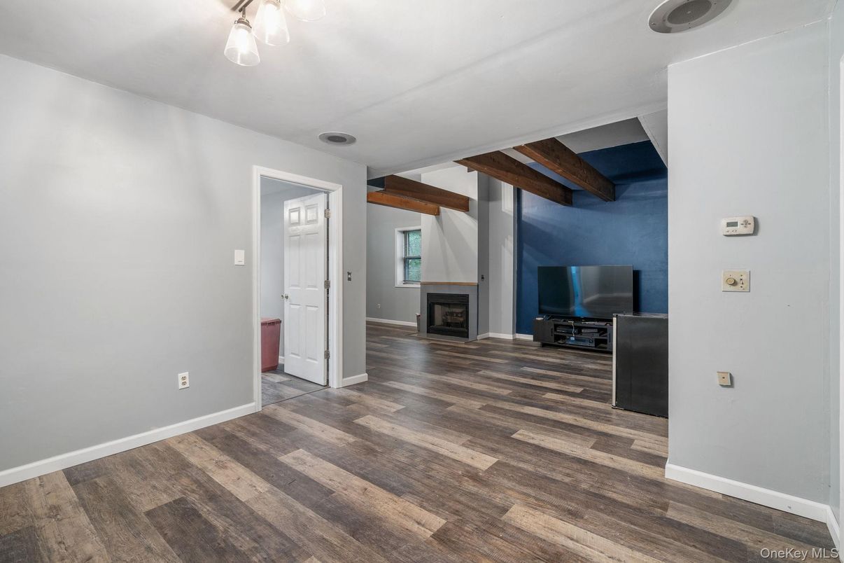 Empty room, Fireplace, Interior, Wooden Beams, Wood Texture Flooring