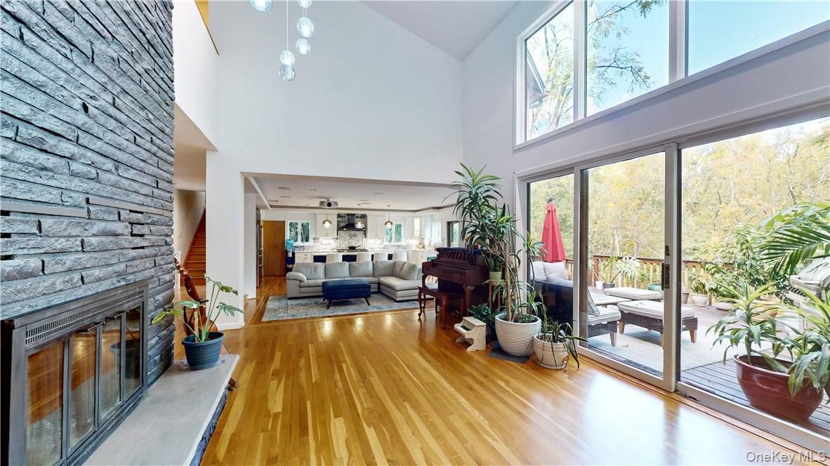 Fireplace, Interior, Pendant Lights, Piano, Stone Walls, Wood Texture Flooring