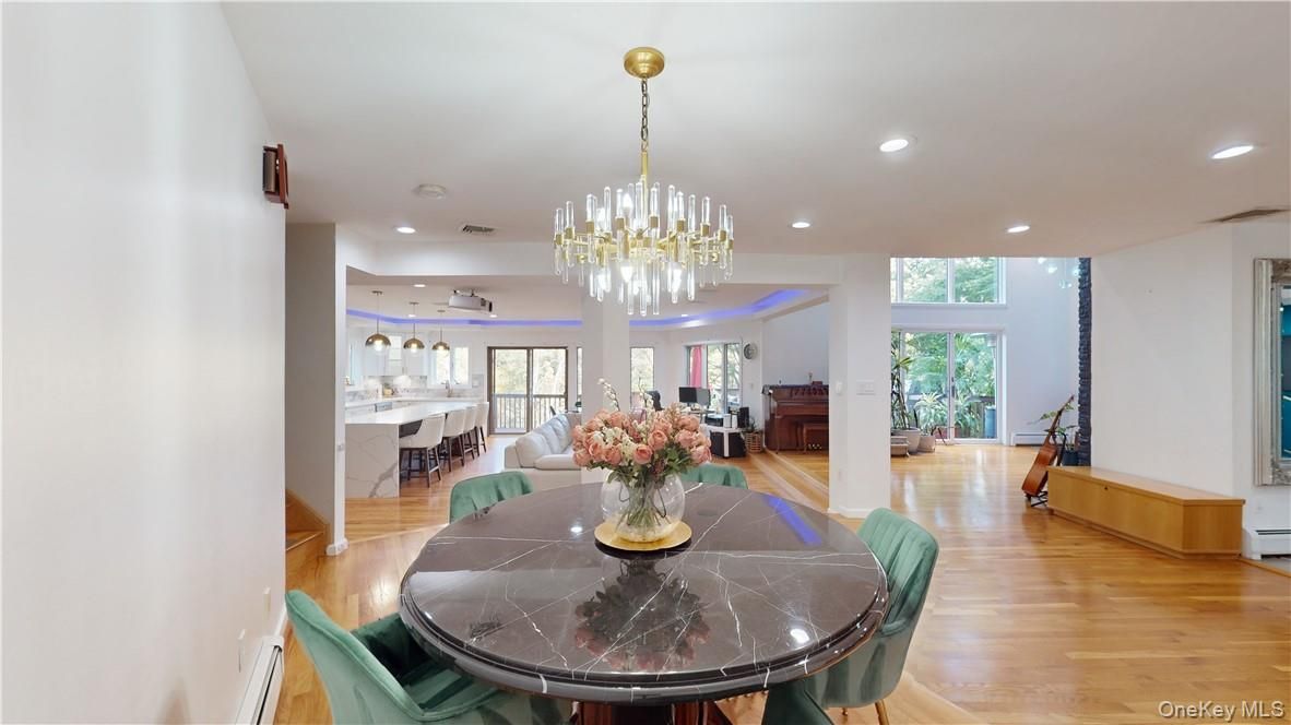 Chandelier, Dining room, Interior, Living room, Pendant Lights, Recessed Lighting, Wood Texture Flooring