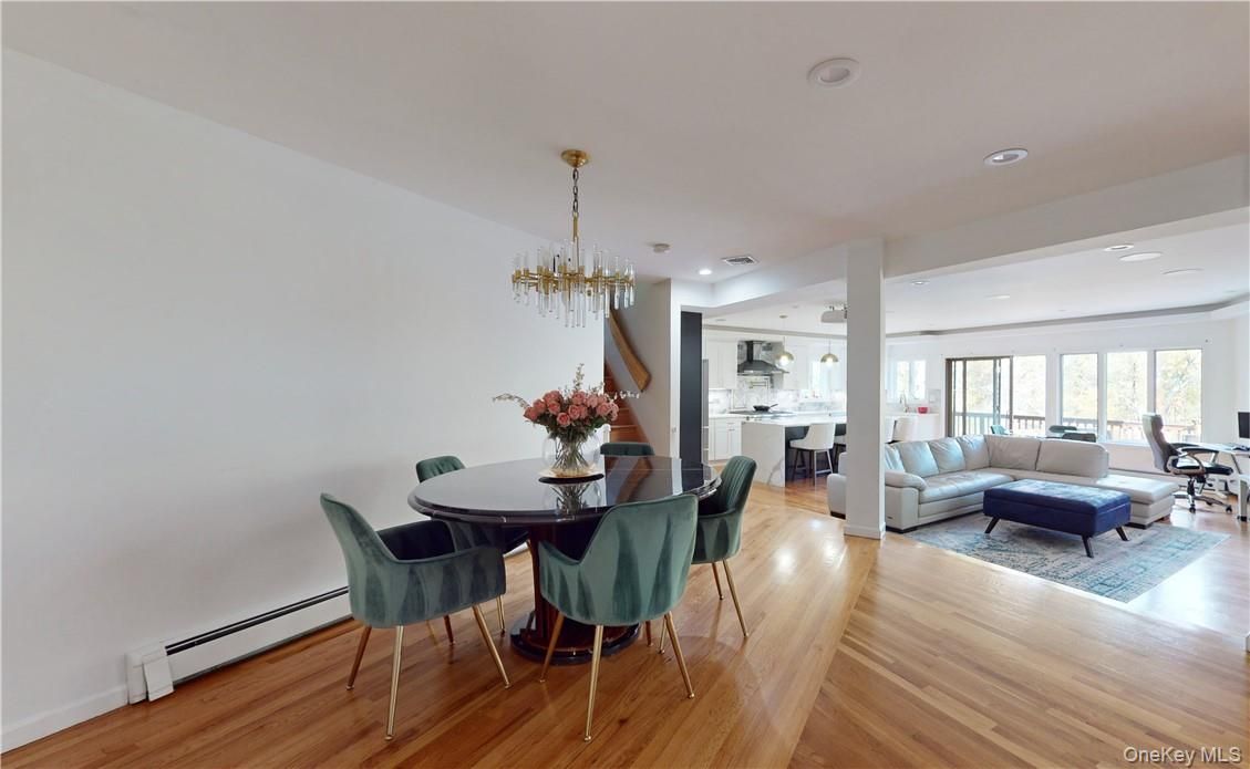 Chandelier, Dining room, Interior, Living room, Recessed Lighting, Wood Texture Flooring