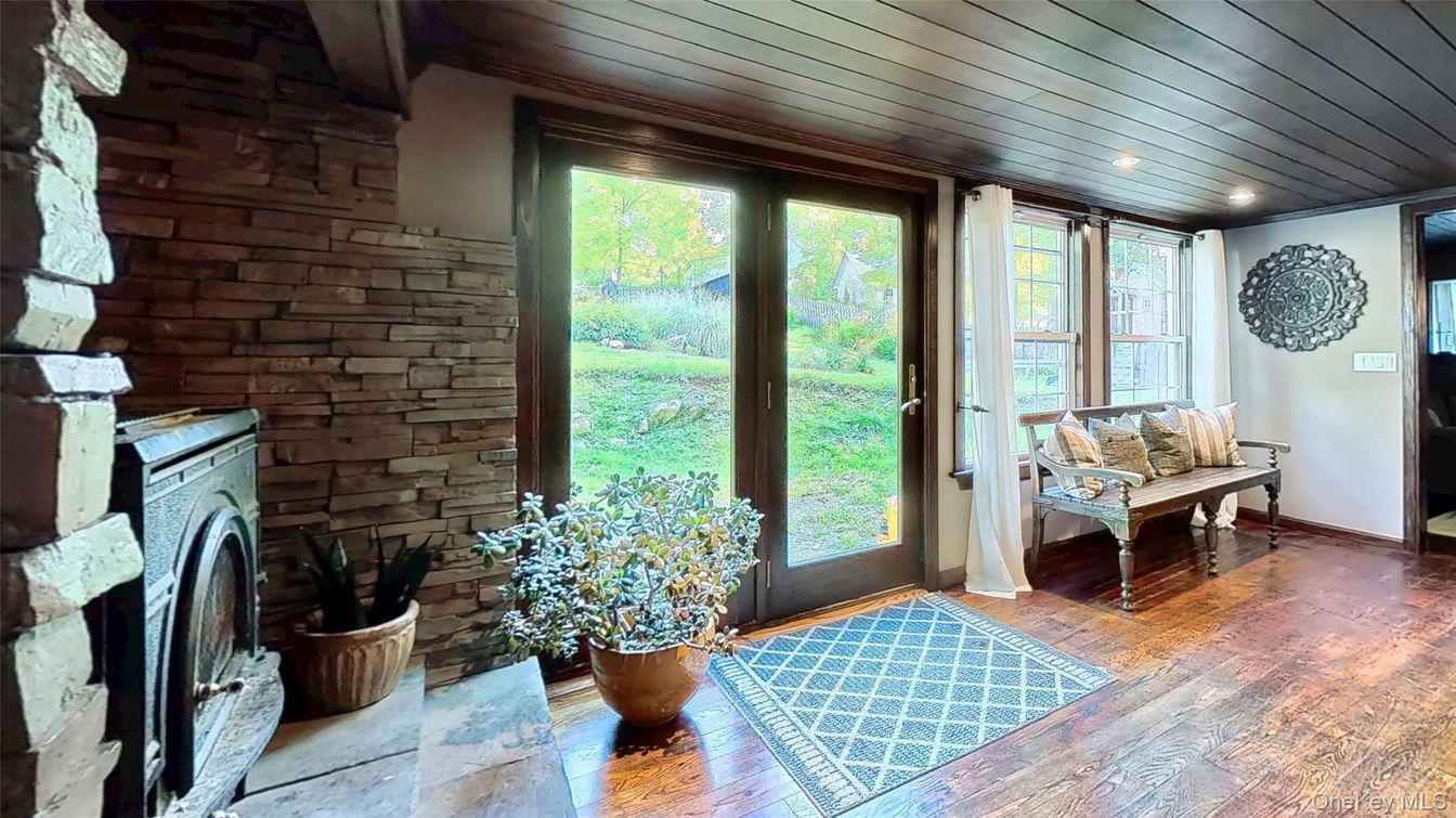 Fireplace, Interior, Recessed Lighting, Stone Walls, Wood Texture Flooring