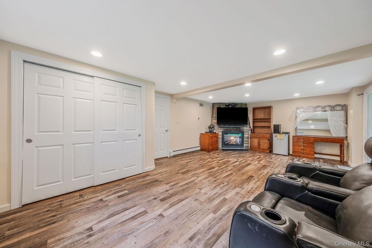 Home Theatre Room, Fireplace, Interior, Recessed Lighting, Wood Texture Flooring