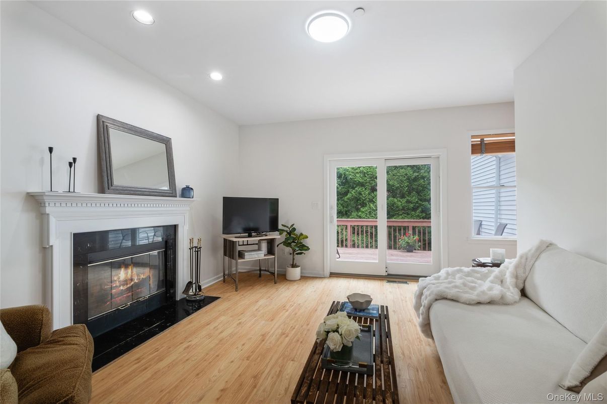 Fireplace, Home Office, Interior, Living room, Recessed Lighting, Wood Texture Flooring