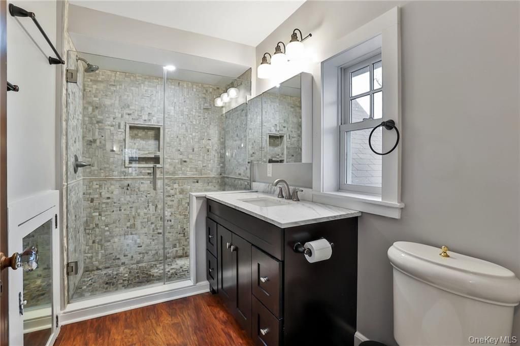 Bathroom, Glass Shower, Interior, Recessed Lighting, Wood Texture Flooring