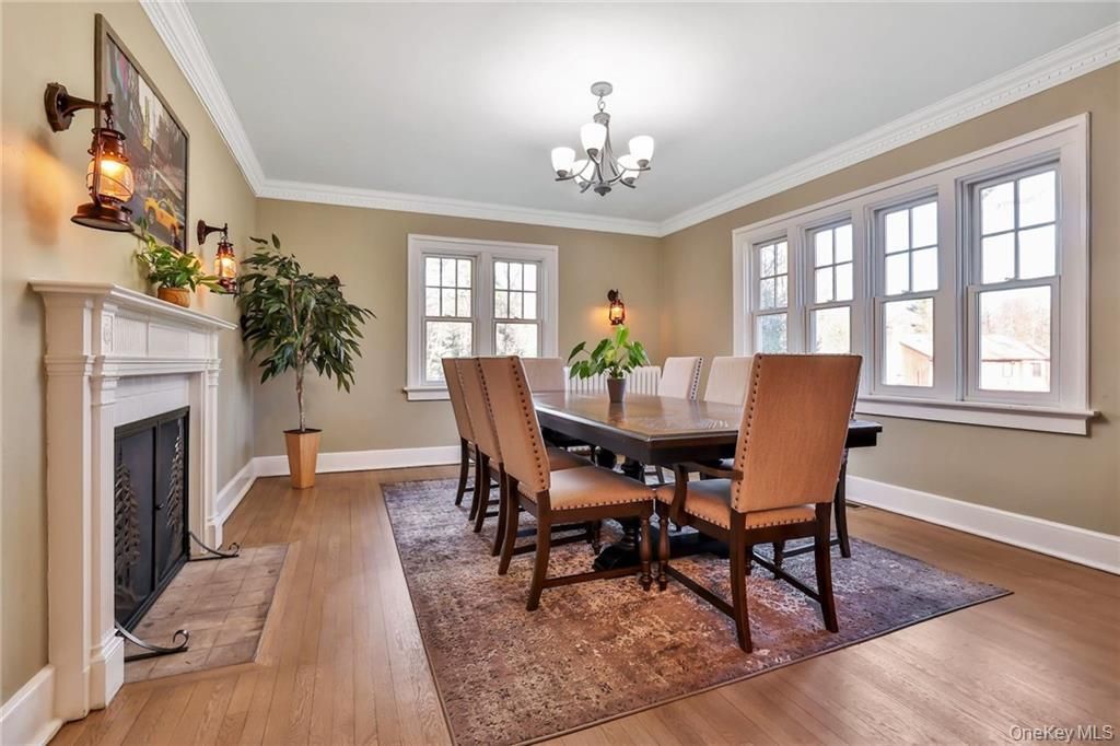 Chandelier, Dining room, Fireplace, Interior, Wood Texture Flooring