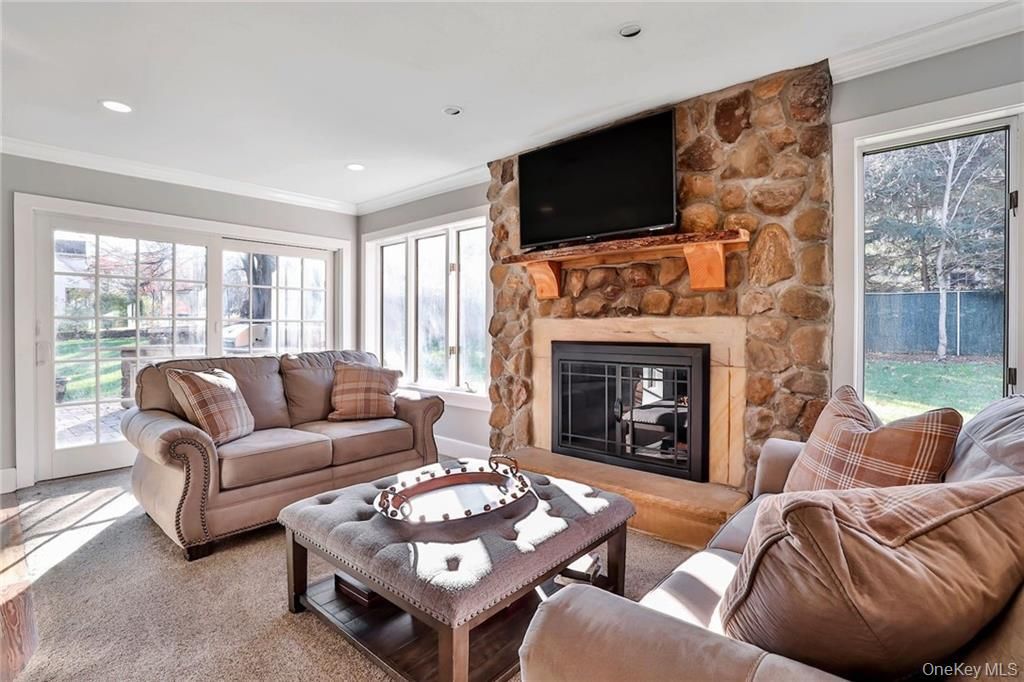Fireplace, Interior, Living room, Recessed Lighting, Stone Walls