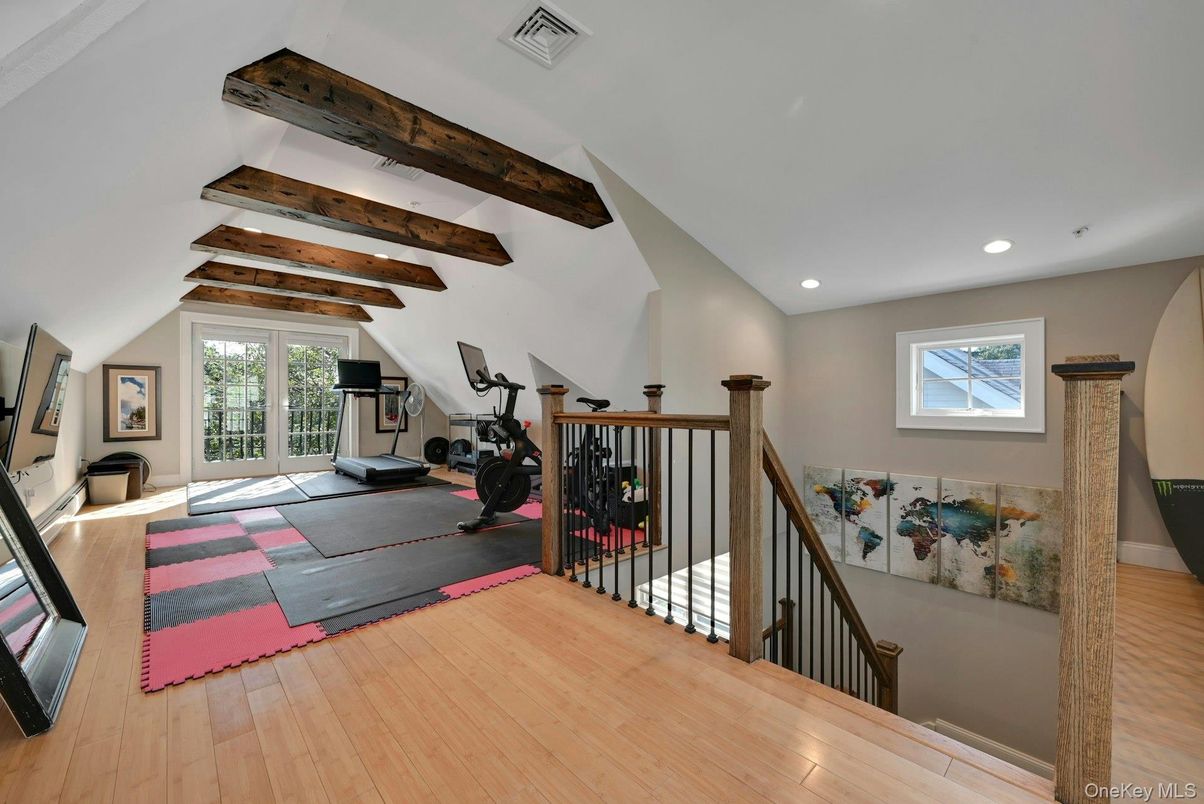 Fitness Equipment, Interior, Recessed Lighting, Wooden Beams, Wood Texture Flooring
