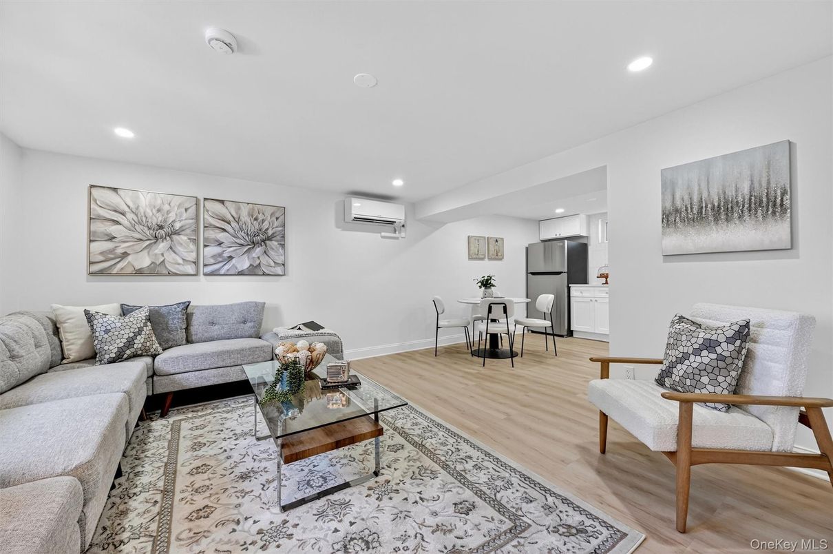 Dining room, Interior, Kitchen, Living room, Recessed Lighting, Stainless Steel Appliances, Wood Texture Flooring
