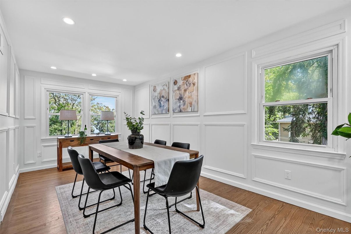 Dining room, Interior, Recessed Lighting, Wood Texture Flooring