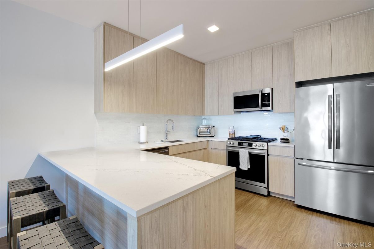 Interior, Kitchen, Recessed Lighting, Stainless Steel Appliances, Wood Texture Flooring