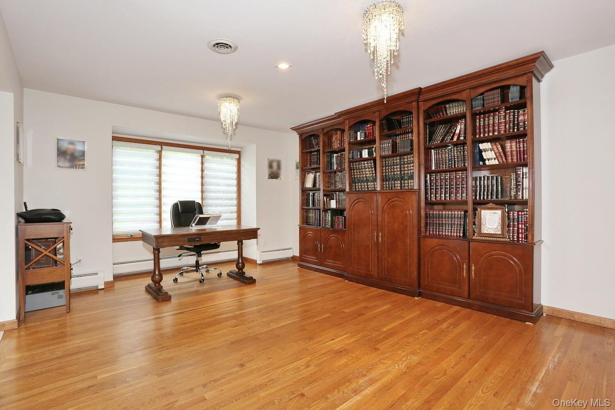 Chandelier, Home Office, Interior, Recessed Lighting, Wood Texture Flooring