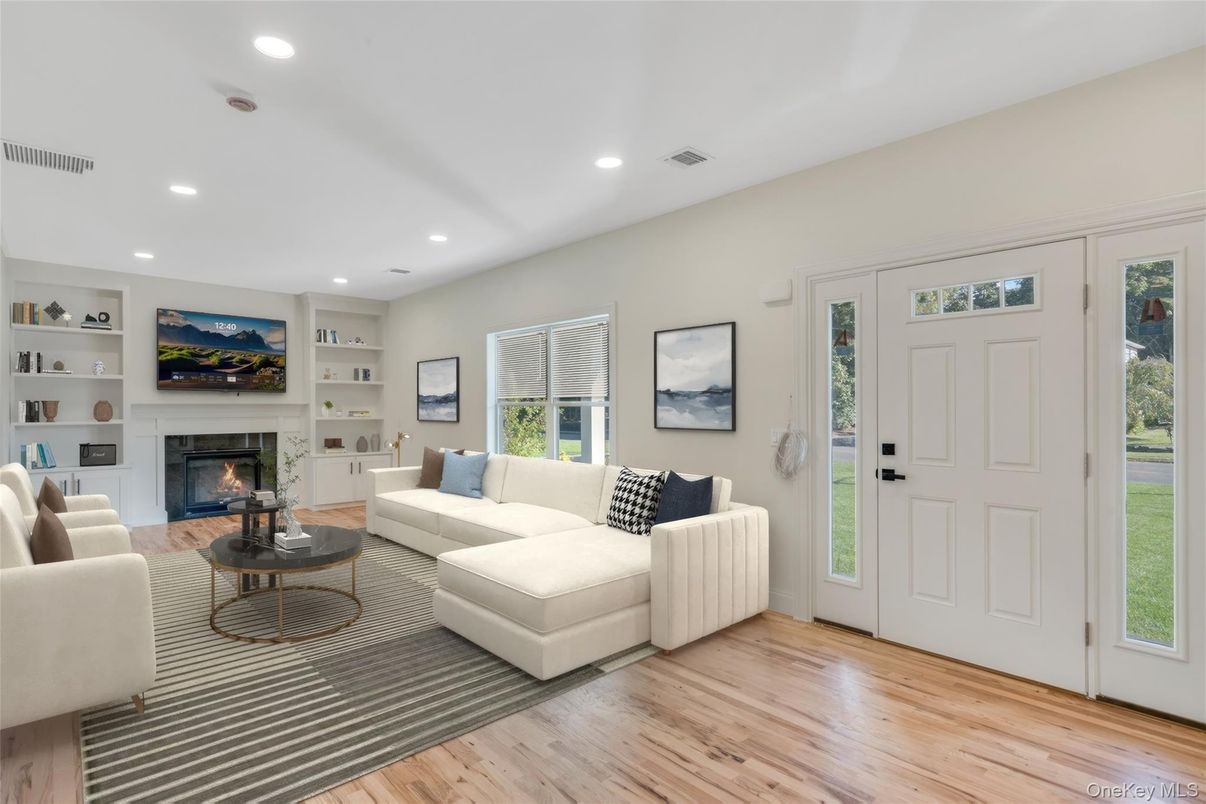 Fireplace, Interior, Living room, Recessed Lighting, Wood Texture Flooring
