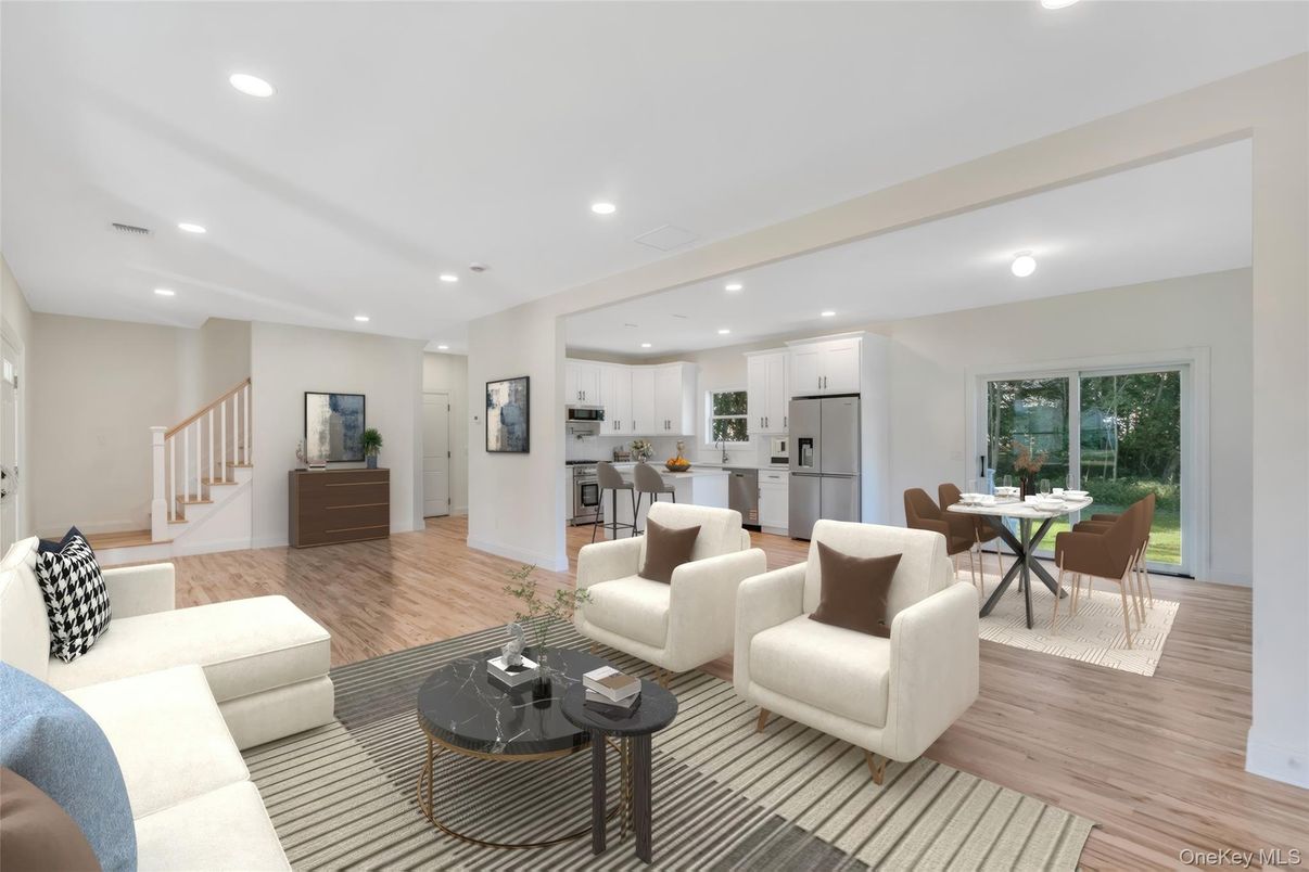 Dining room, Interior, Kitchen, Living room, Recessed Lighting, Wood Texture Flooring