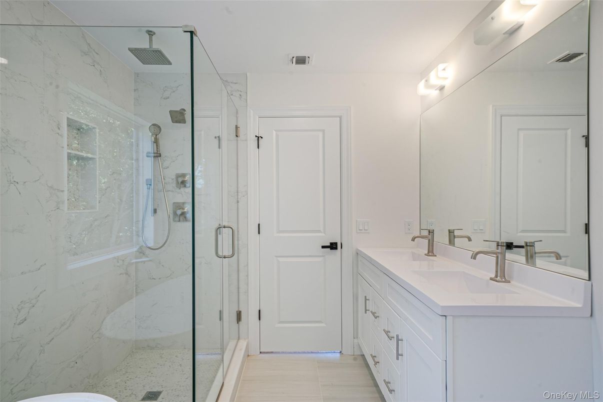 Bathroom, Dual Sink Vanities, Glass Shower, Interior, Marble Walls
