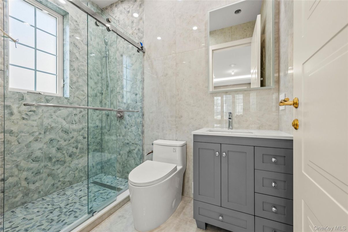 Bathroom, Glass Shower, Interior, Marble Walls, Recessed Lighting