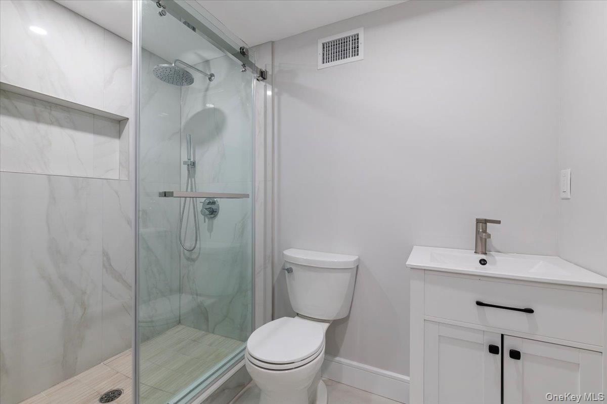 Bathroom, Glass Shower, Interior, Marble Walls, Recessed Lighting