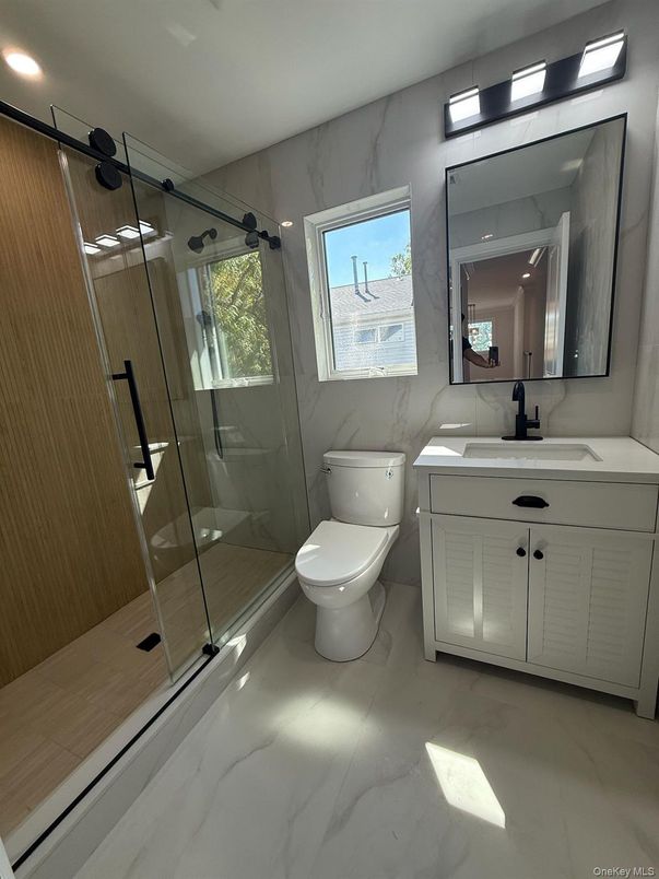 Bathroom, Glass Shower, Interior, Marble, Marble Walls, Recessed Lighting
