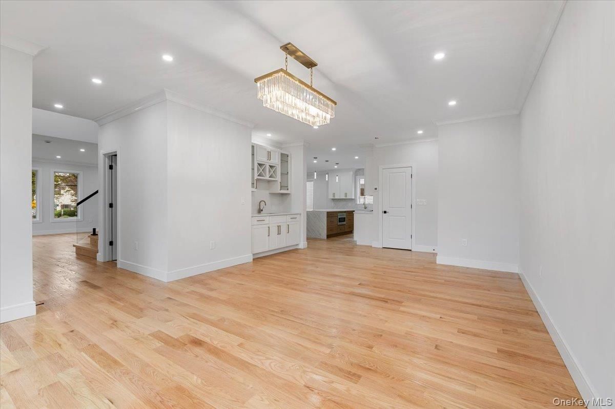 Chandelier, Empty room, Interior, Kitchen, Recessed Lighting, Wood Texture Flooring