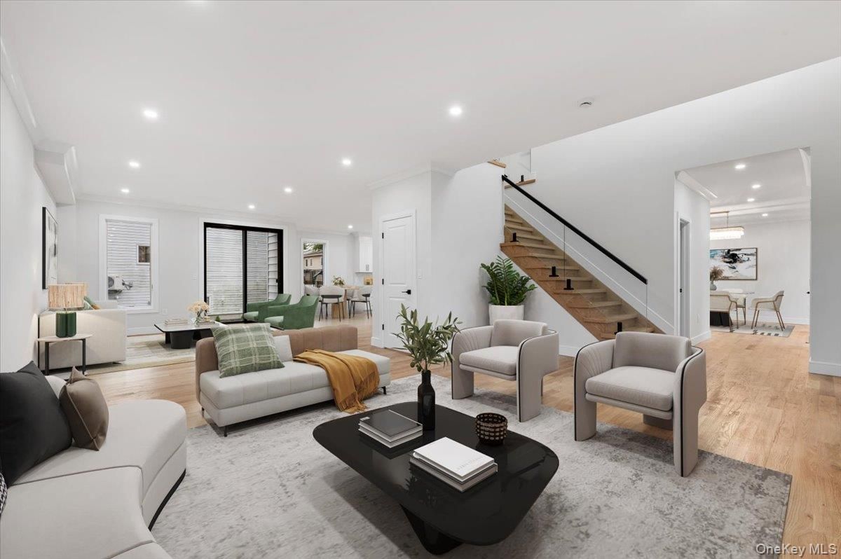 Dining room, Interior, Living room, Recessed Lighting, Wood Texture Flooring