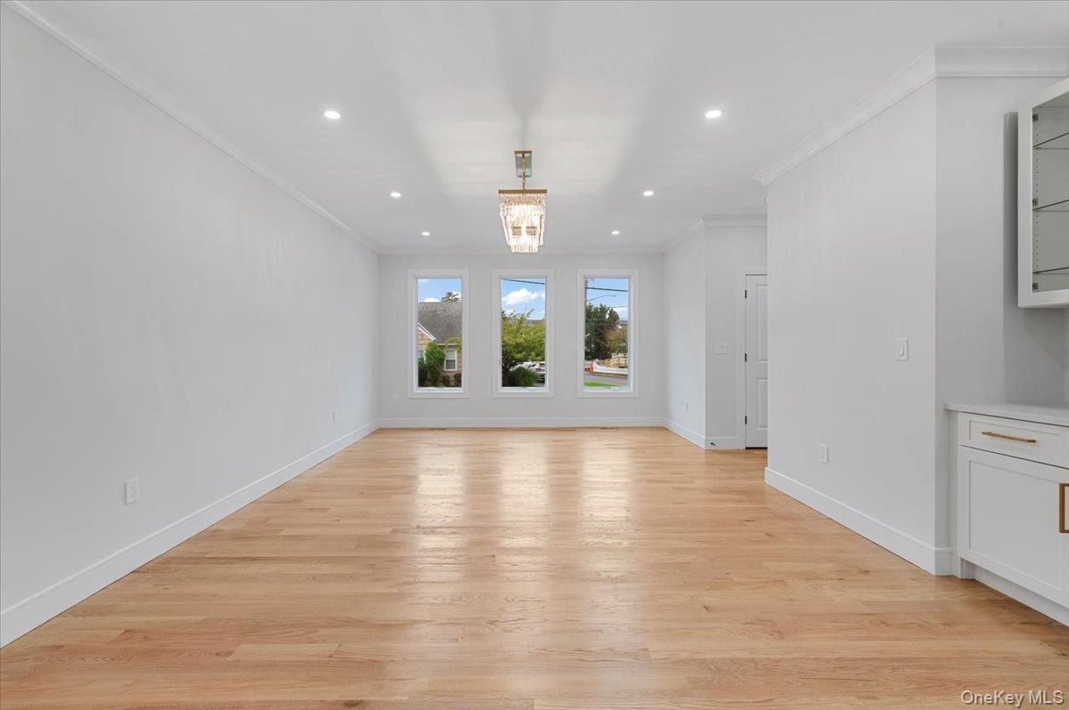 Chandelier, Empty room, Interior, Recessed Lighting, Wood Texture Flooring