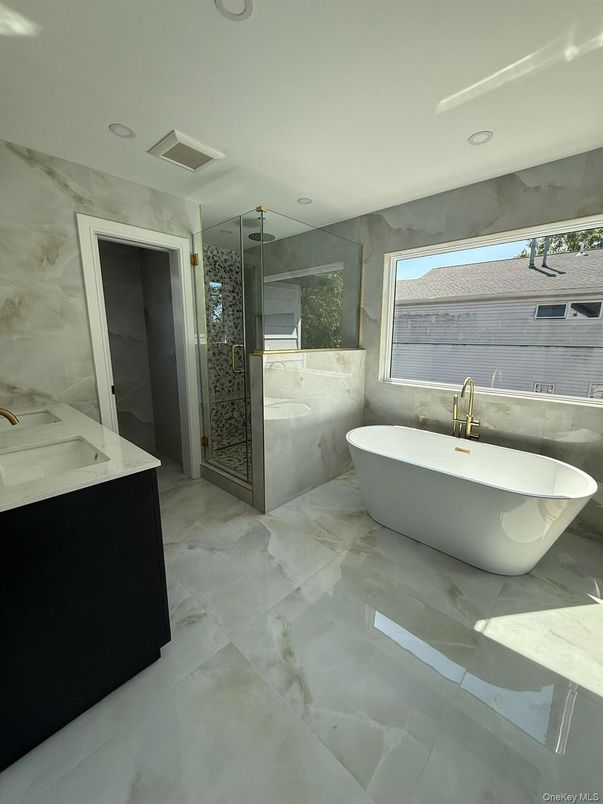 Bathroom, Free Standing Baths, Glass Shower, Interior, Marble, Recessed Lighting
