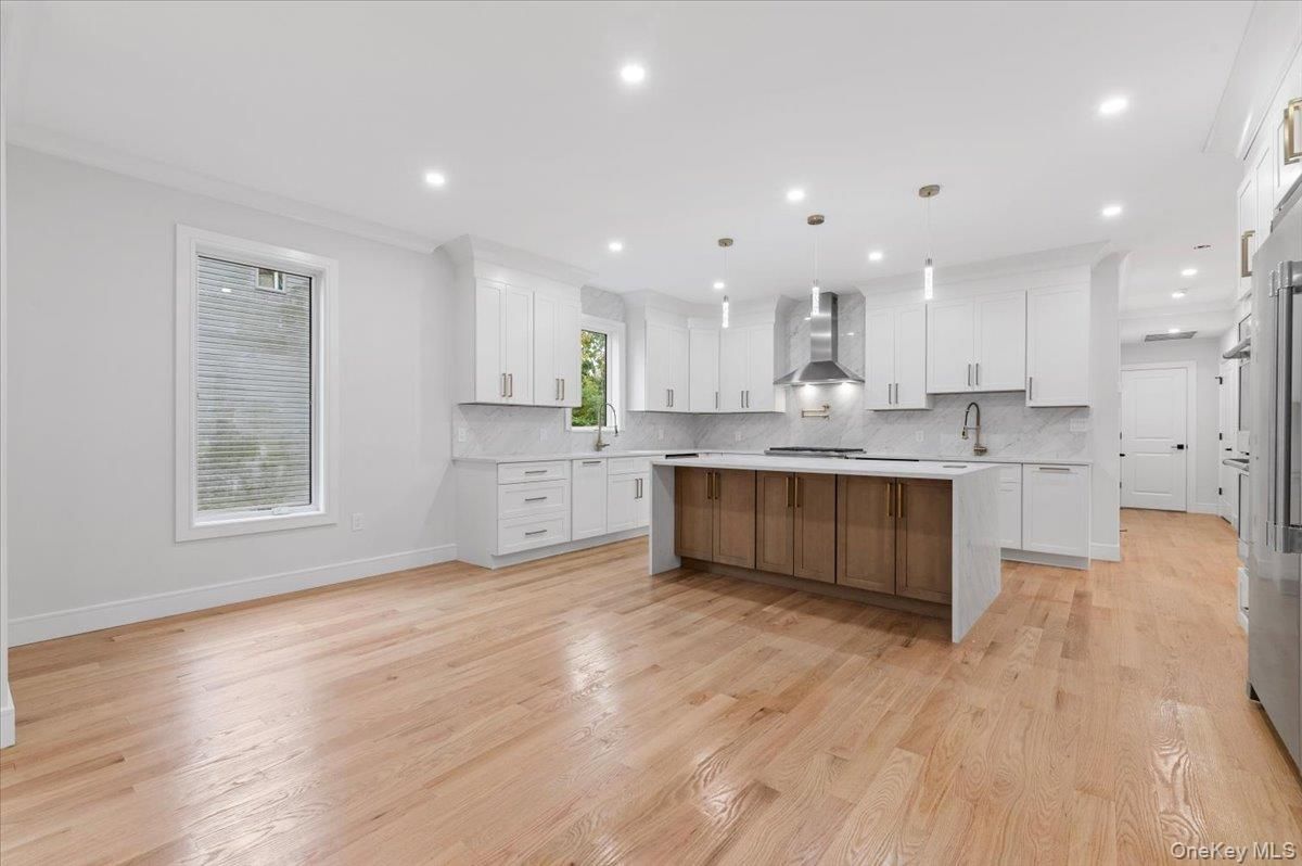 Interior, Kitchen, Marble Walls, Pendant Lights, Recessed Lighting, Wood Texture Flooring