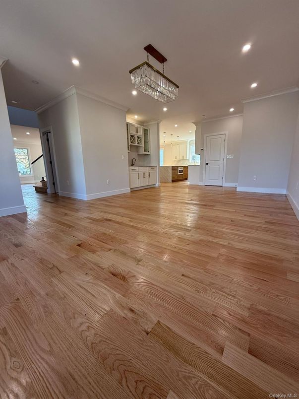 Chandelier, Empty room, Interior, Kitchen, Recessed Lighting, Wood Texture Flooring